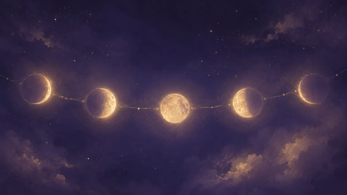 藍色の夜空に静かに並ぶ、月の満ち欠けを思わせる5つのやわらかな光