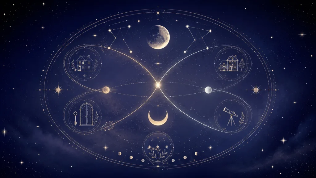 二つの家の星座と交差する軌道を描いた星巡り
