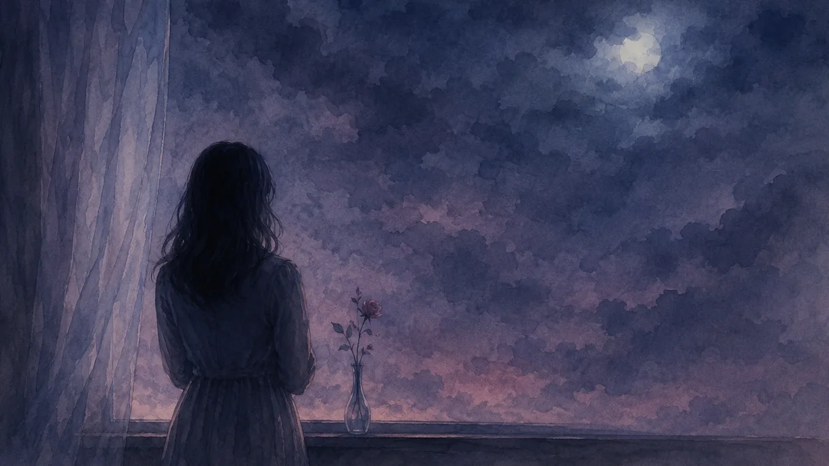 夜の窓辺に一人で立つ人の後ろ姿と月