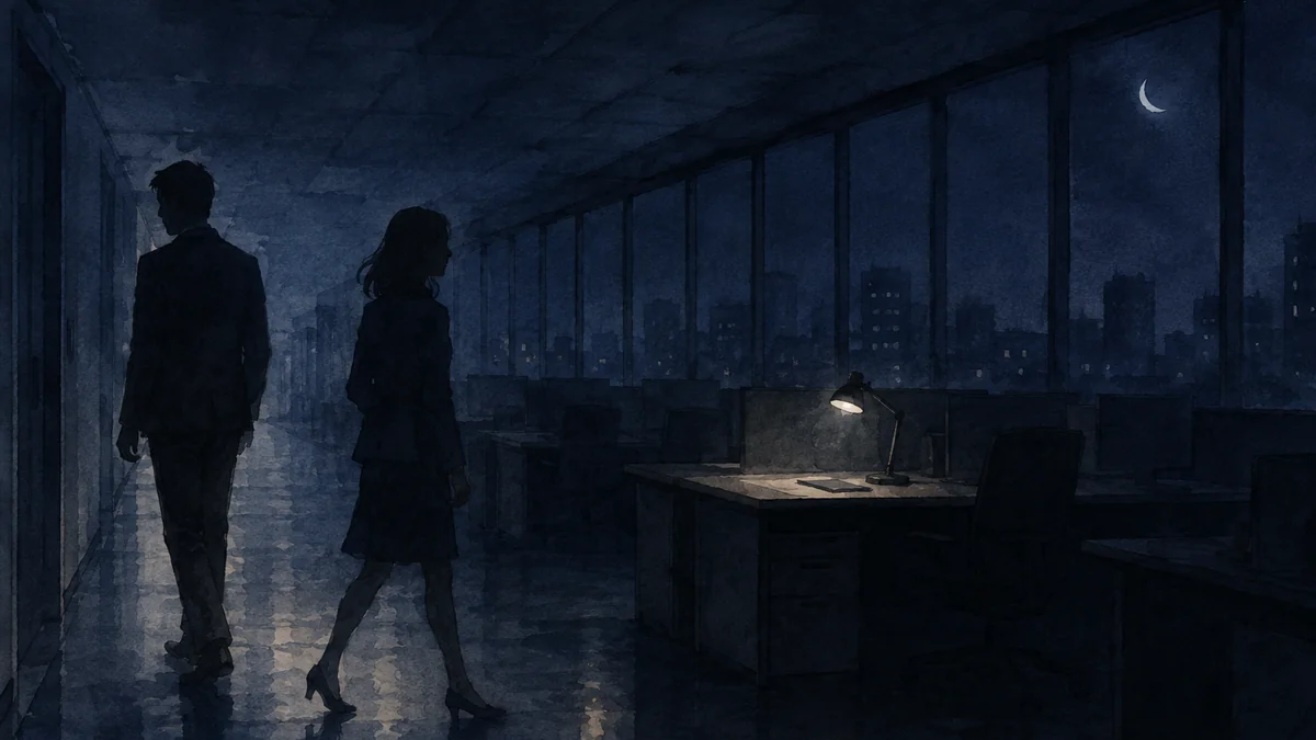 夜のオフィスの廊下ですれ違う二人の影