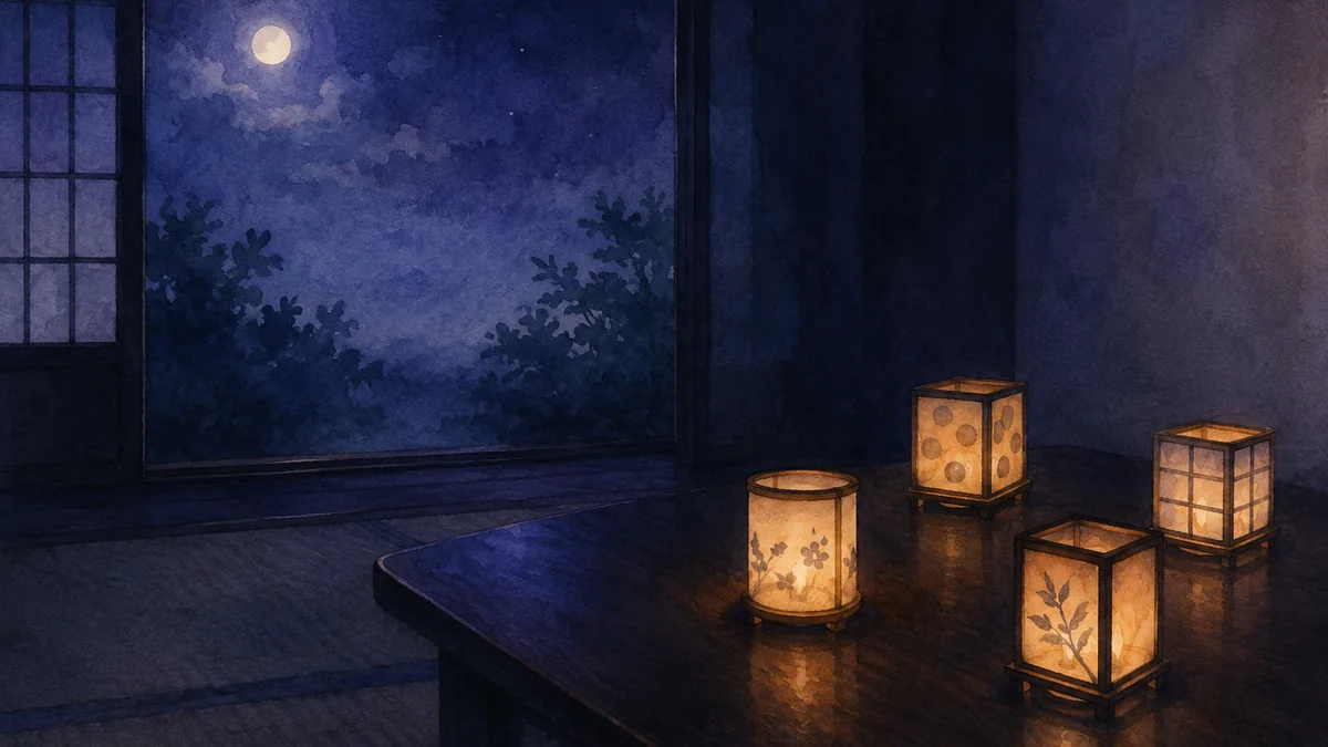 夜の座卓に間をあけて置かれた四つのランタン