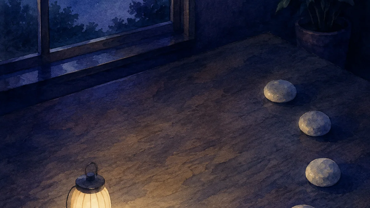 夜のテーブルにゆるい弧を描いて並ぶ五つの小石