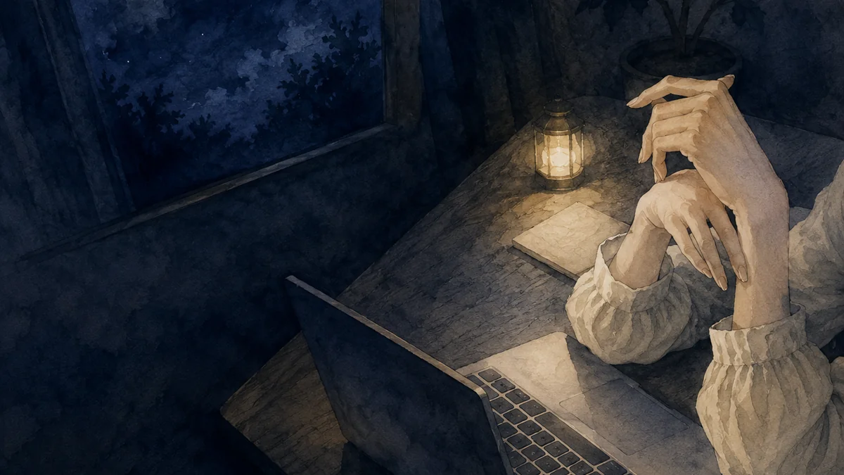 夜の机でノートパソコンに添えられた両手の手元