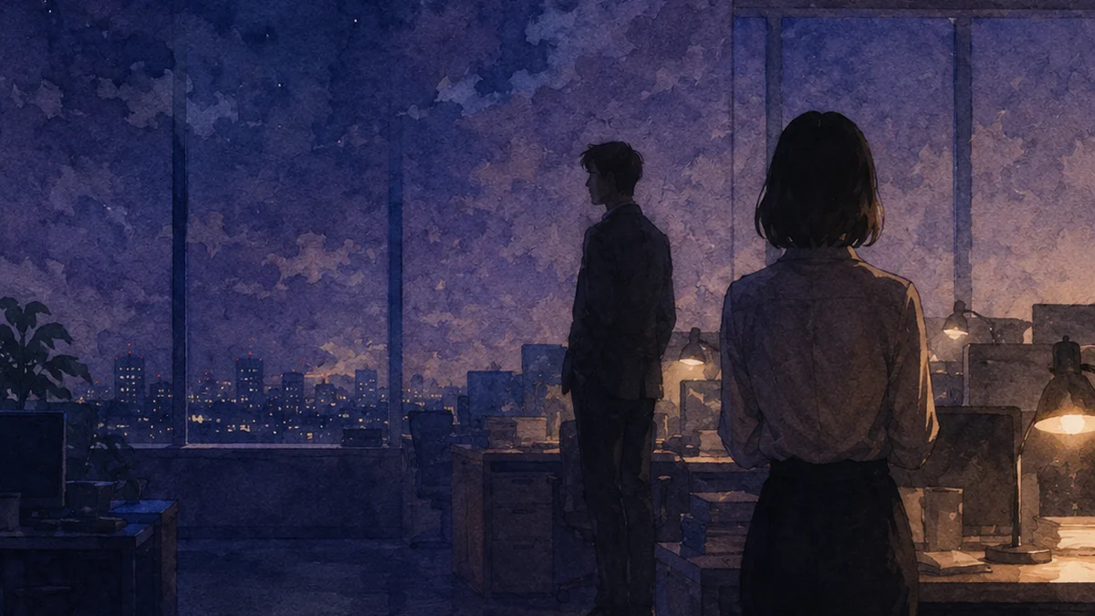 夜のオフィスで少し離れて立つ二人の姿