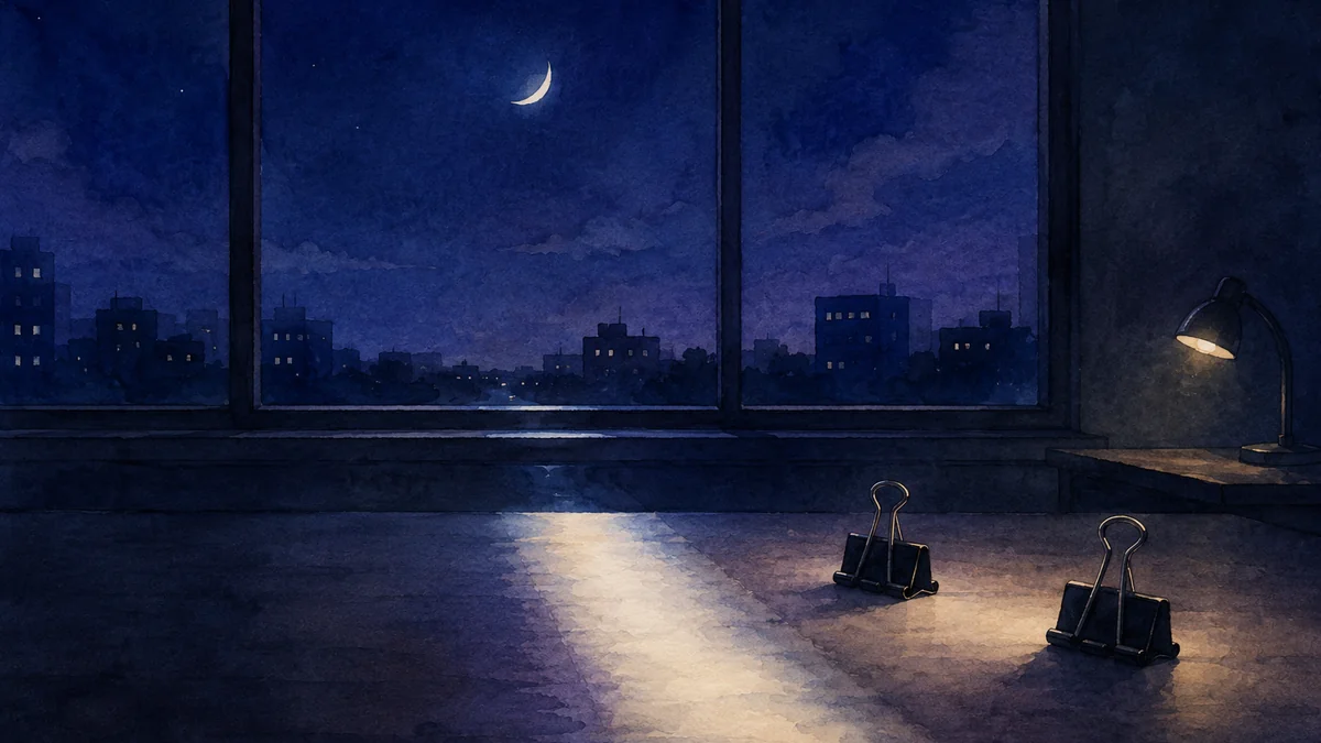 夜の机に離して置かれた二つの紙ばさみ