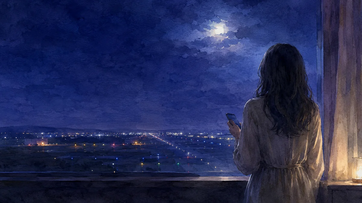 夜の窓辺で電話を手にする一人の後ろ姿