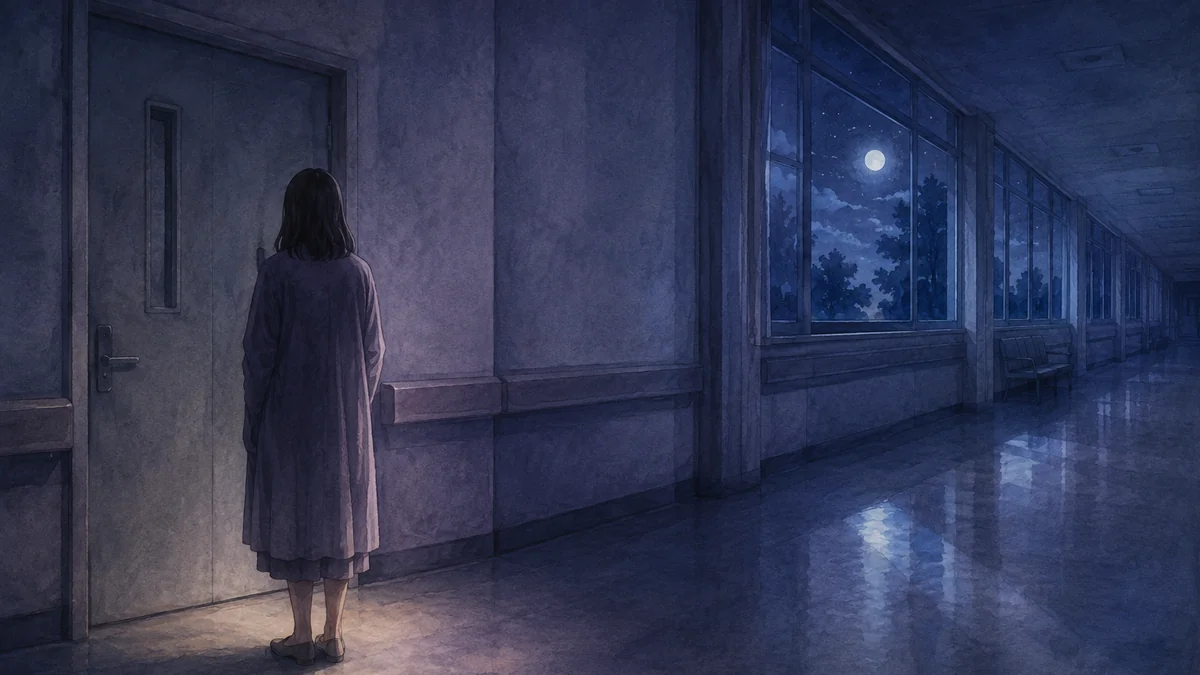 夜の廊下で扉の手前に立ち止まる後ろ姿