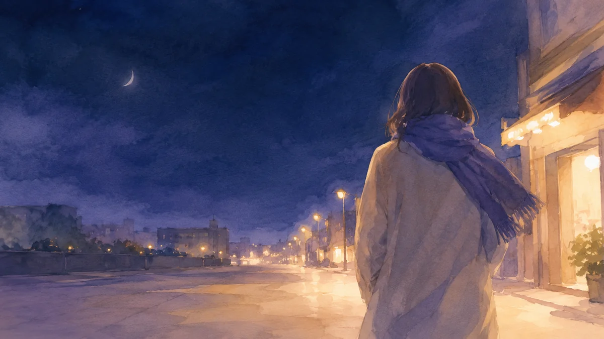 夜の通りを明かりのある方へ歩く一人の後ろ姿
