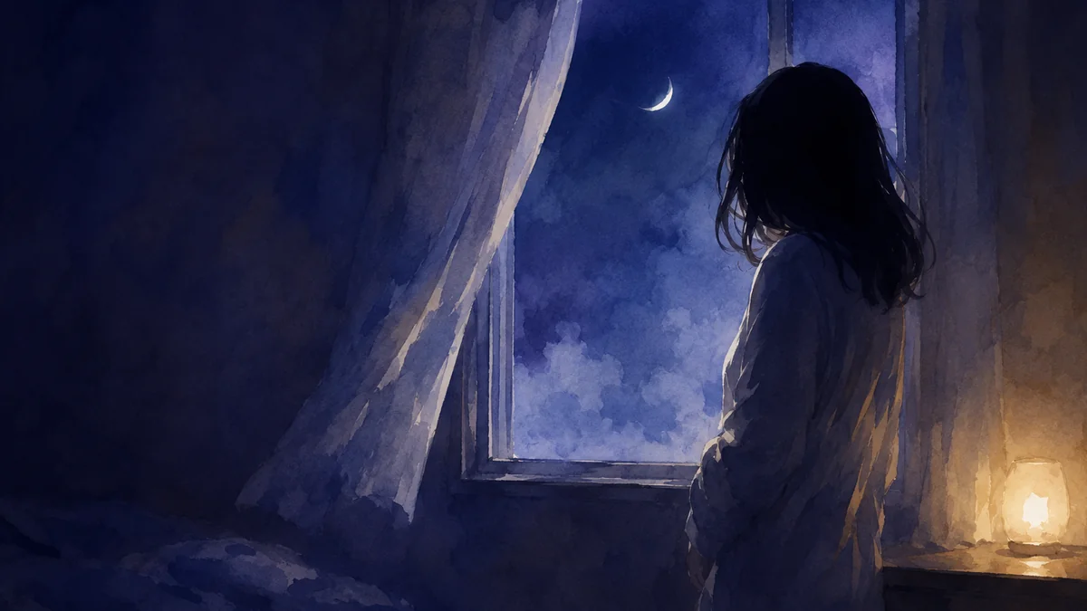 夜の窓辺に立ち外を見る一人の横向きの姿