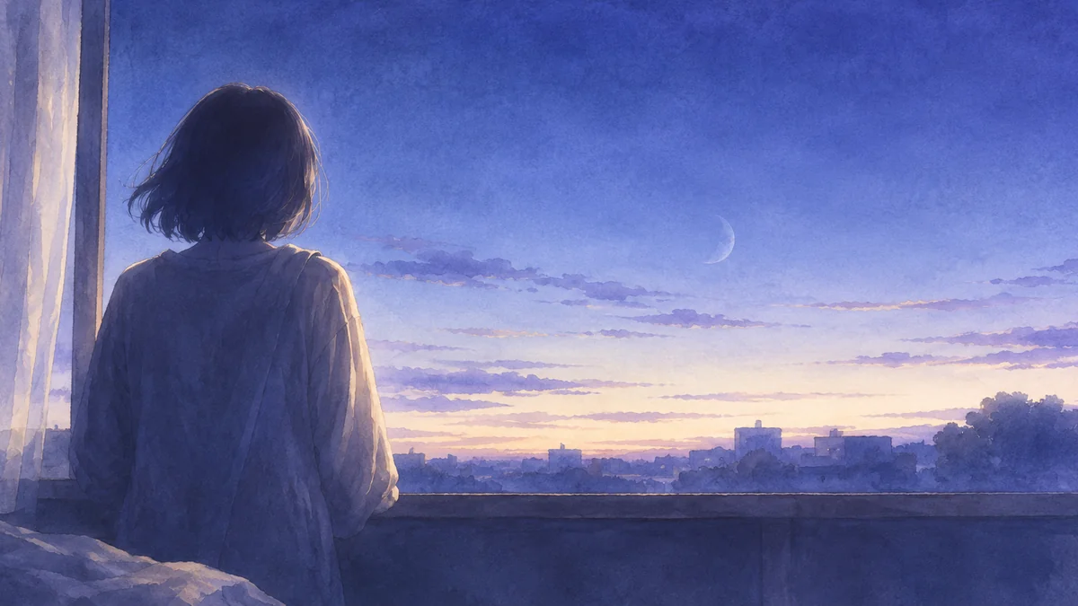 夜明け前の窓辺に立つ一人の後ろ姿と薄い月