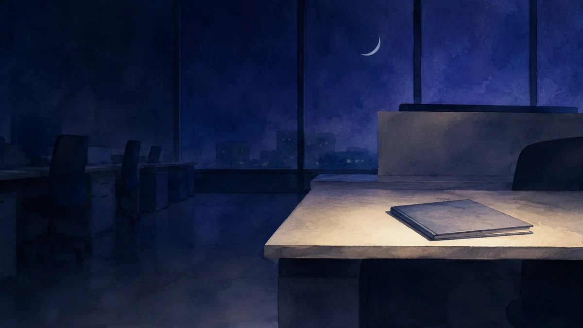 夜のオフィス、人のいない席と伏せられたノート