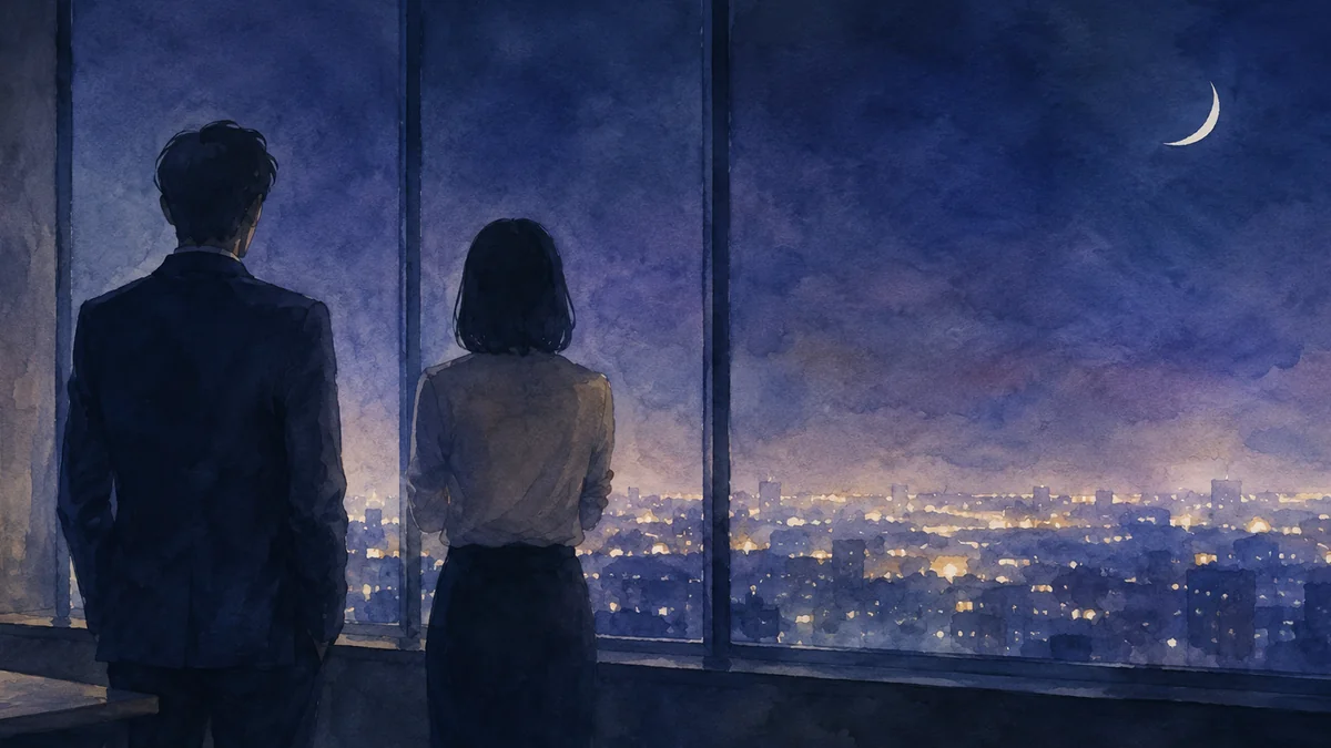 夜の窓辺に少し離れて並ぶ二人の後ろ姿