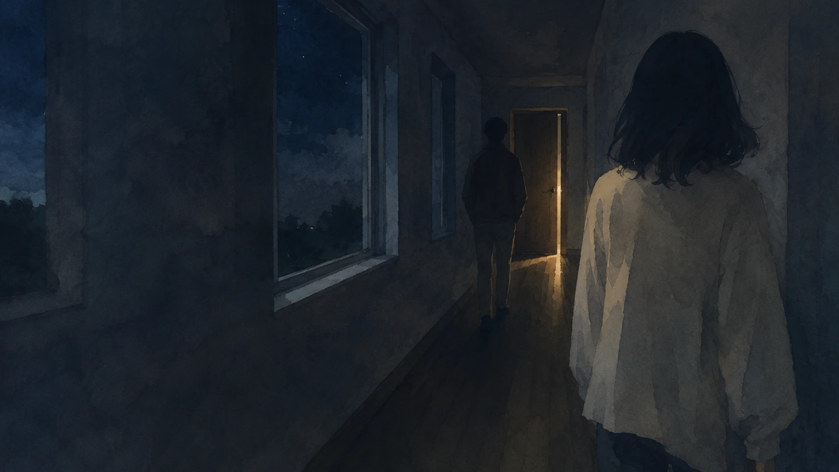 夜の廊下で別々の方向へ向かう二人の後ろ姿