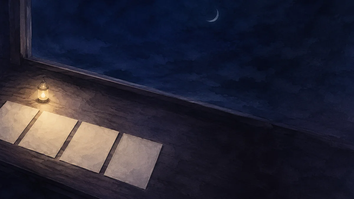 夜の机に間を空けて並ぶ四枚の白い紙