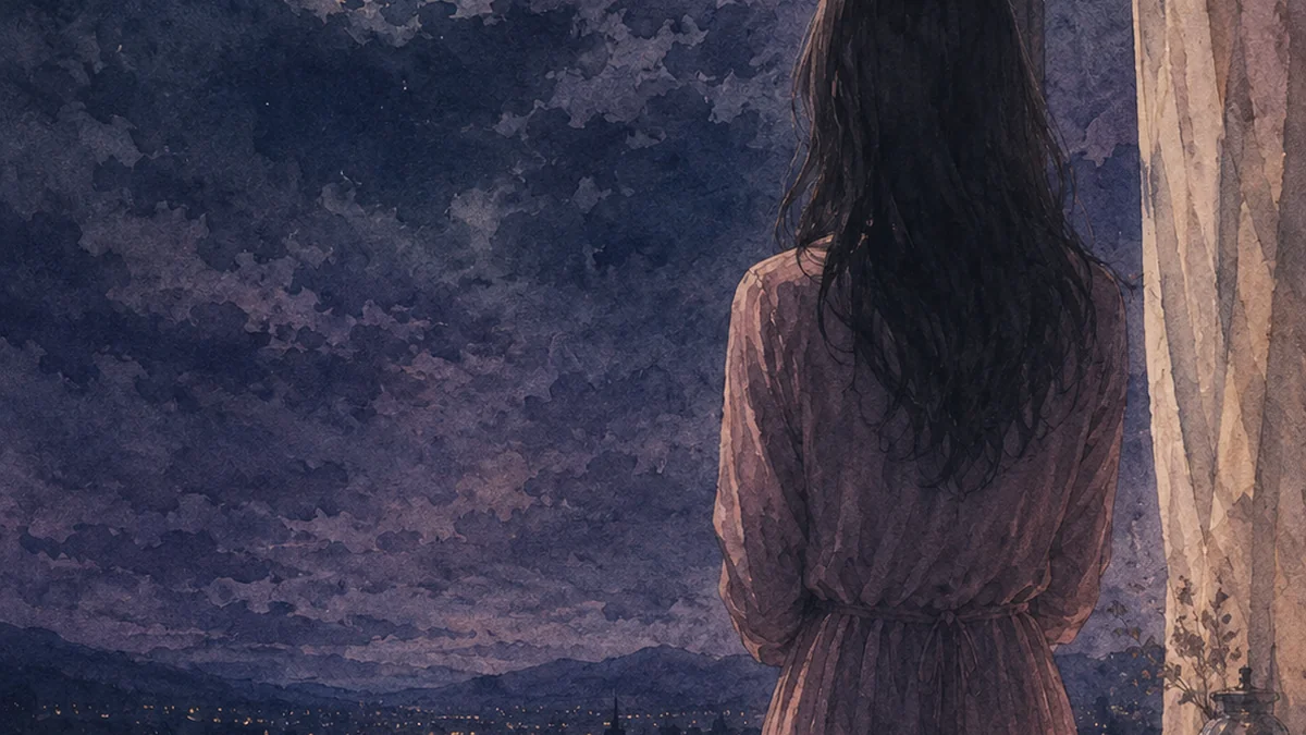 夜の窓辺に立つ一人の後ろ姿と細い月