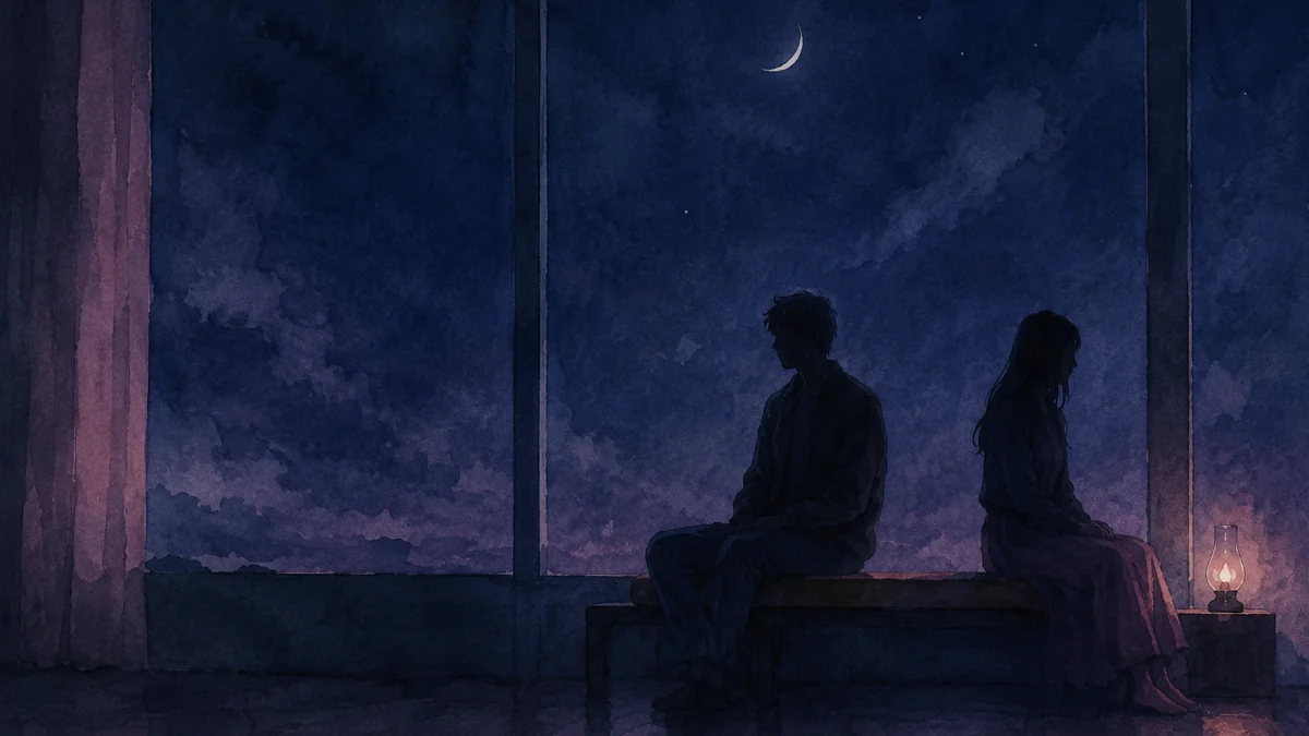 夜の部屋で両端に離れて座る二人の影