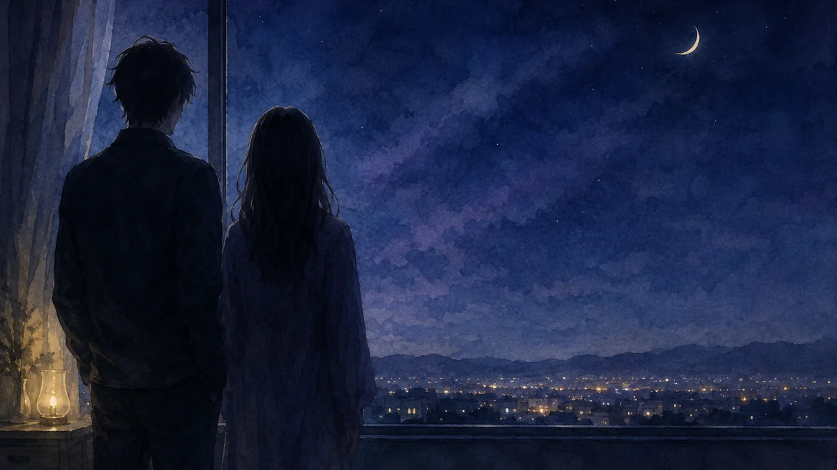 夜の窓辺に少し離れて並ぶ二人の後ろ姿