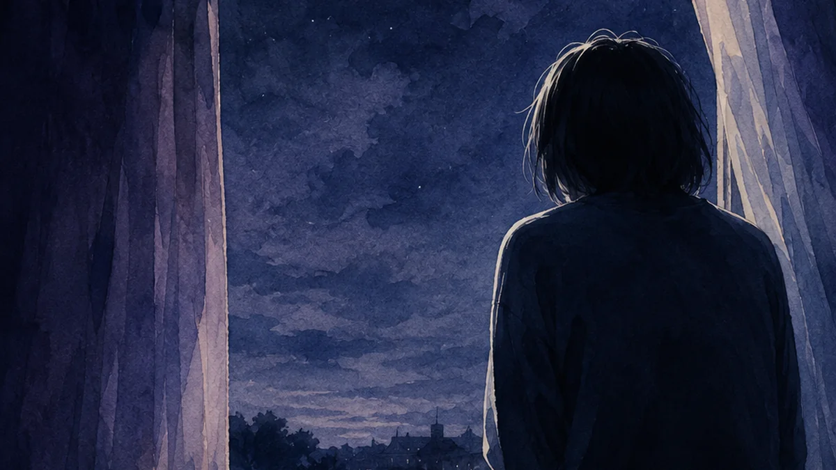 夜更けの窓辺に座る一人の後ろ姿