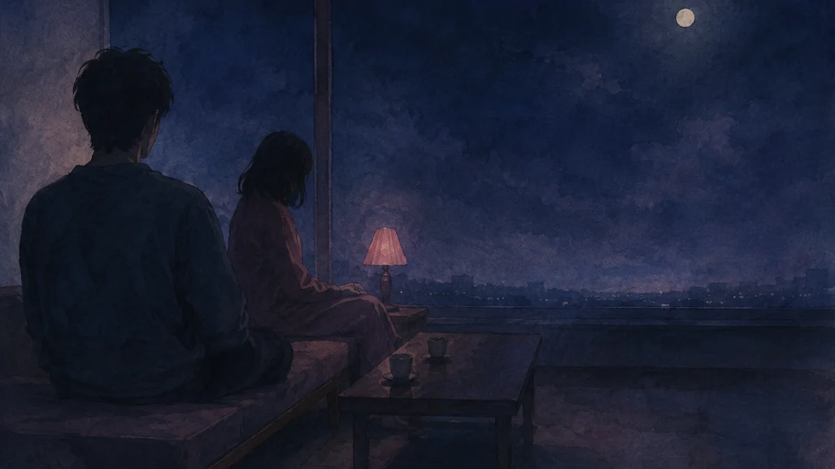 夜のリビングで少し離れて座る二人