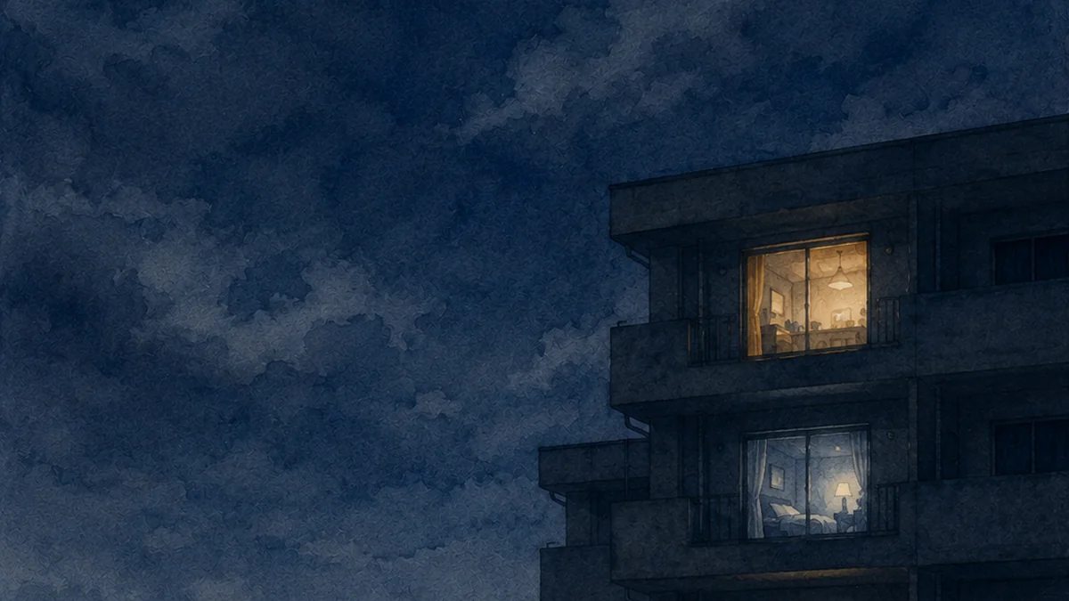 夜の集合住宅で一戸の三つの窓に別々の灯り