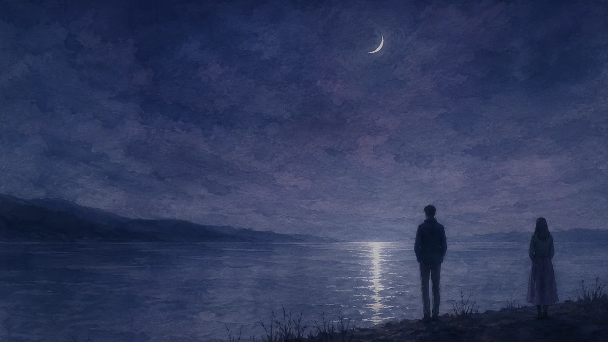 夜の湖畔に離れて立つ二つの人影と光の線