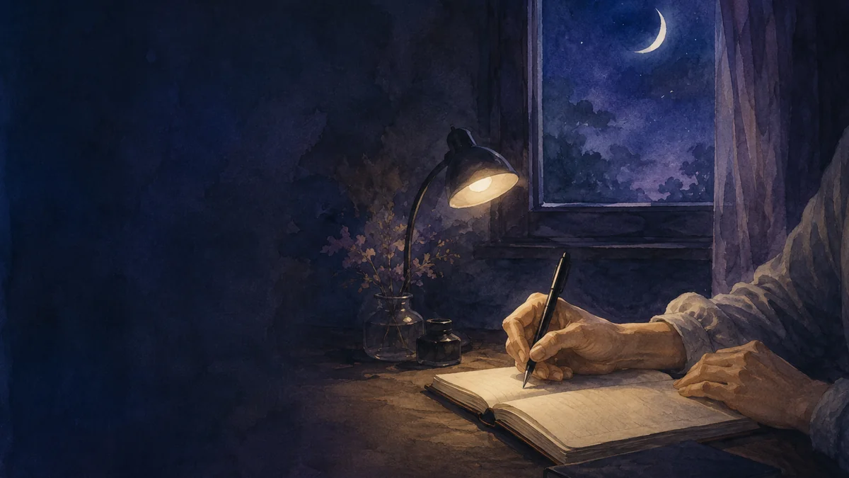 夜の机で手帳に書き込む一人の手元