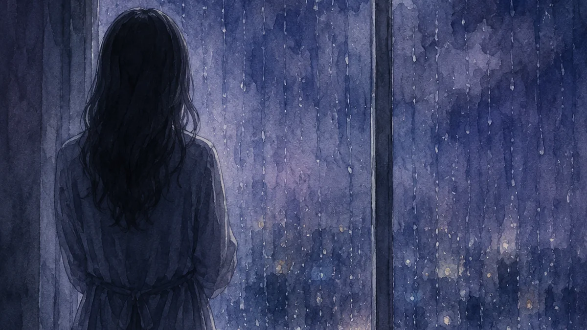夜、雨粒の伝う窓の前に立つ人の後ろ姿