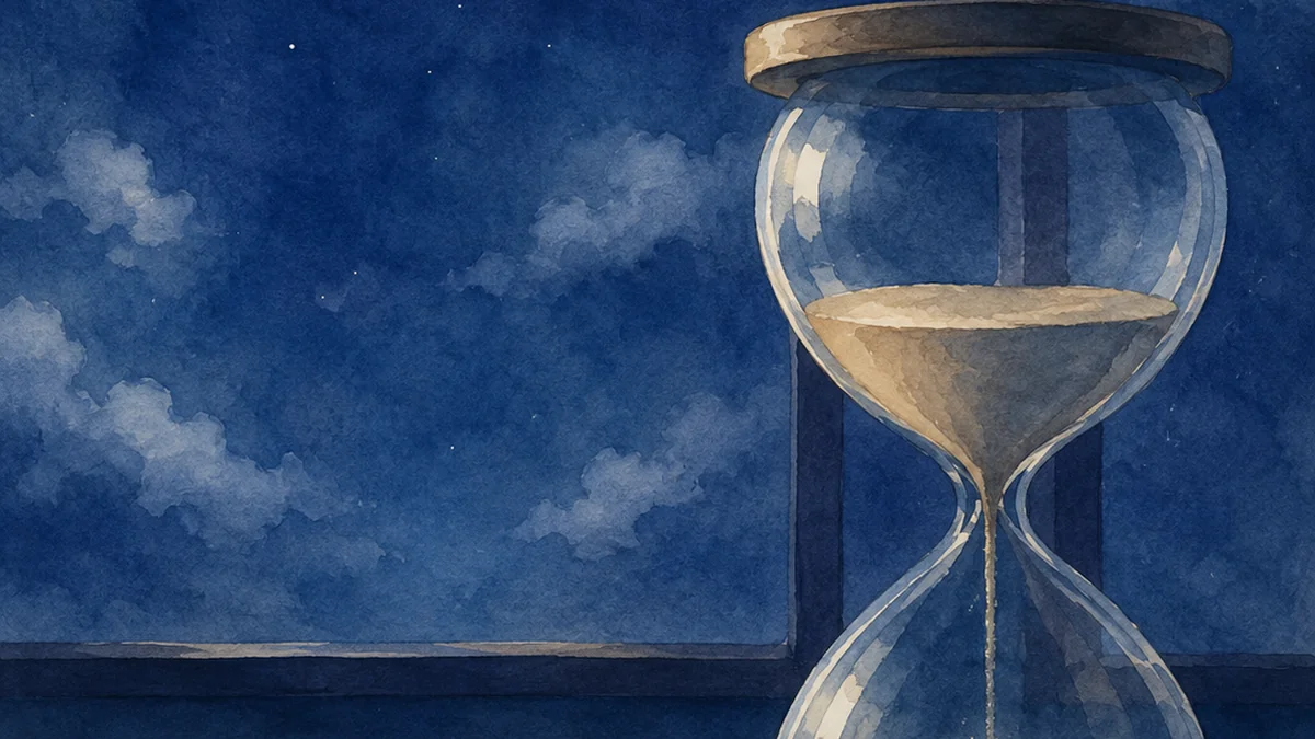夜の卓に置かれた小さな砂時計と、月あかり