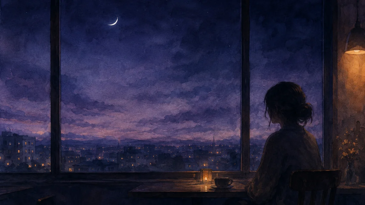 夜の窓辺の席に一人で座る人の、影になった横顔