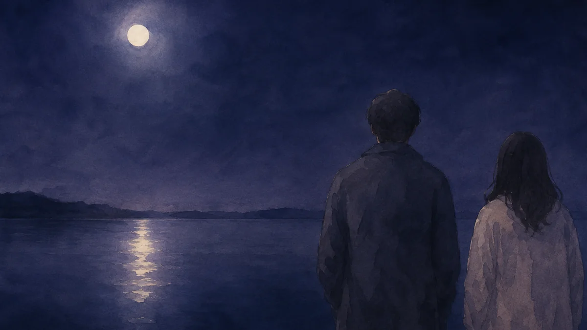 夜の湖畔で少し離れて立つ二人の後ろ姿