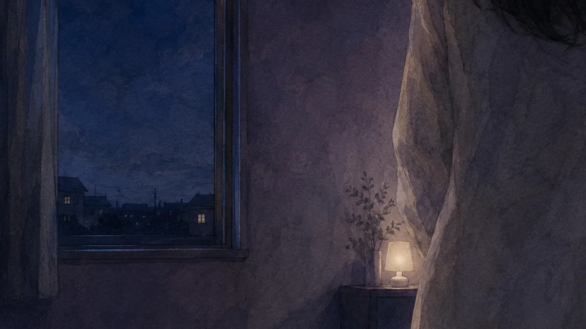 夜の部屋で段ボール箱のそばに立つ一人の後ろ姿
