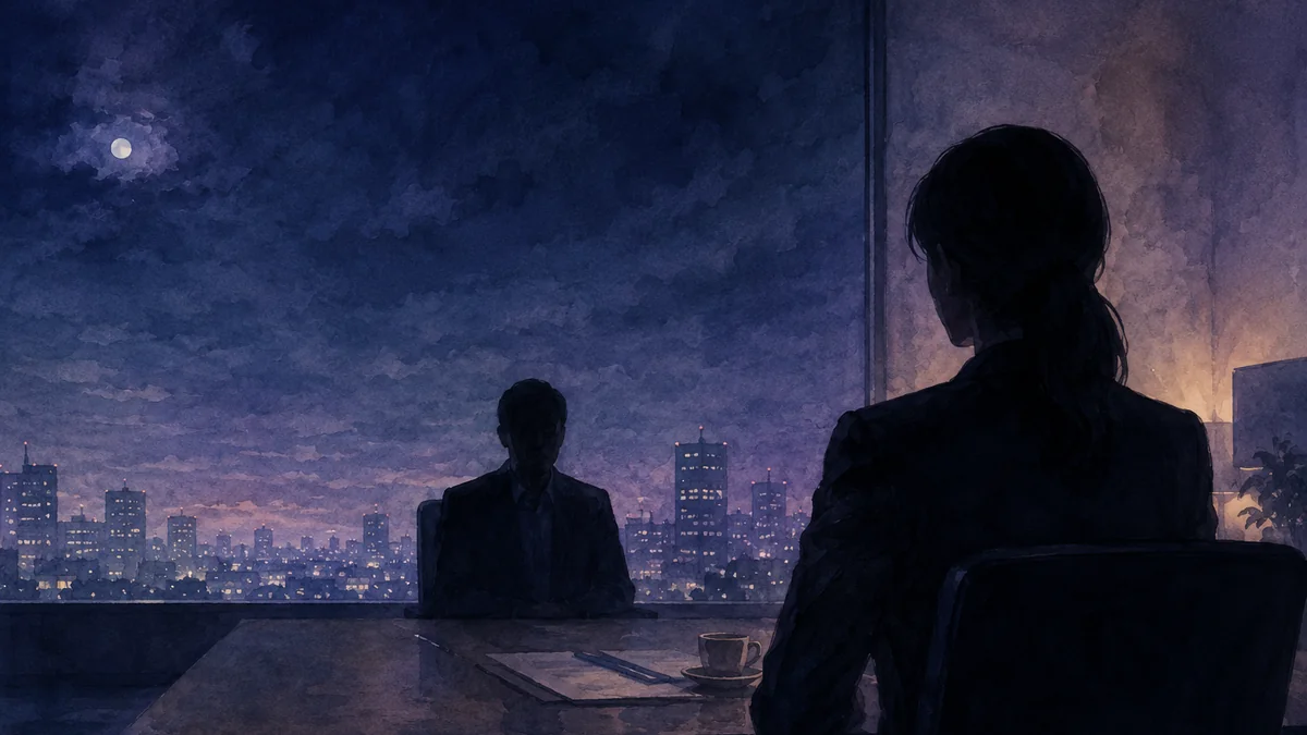 夜の室内でテーブルを挟み向かい合う二人と書類