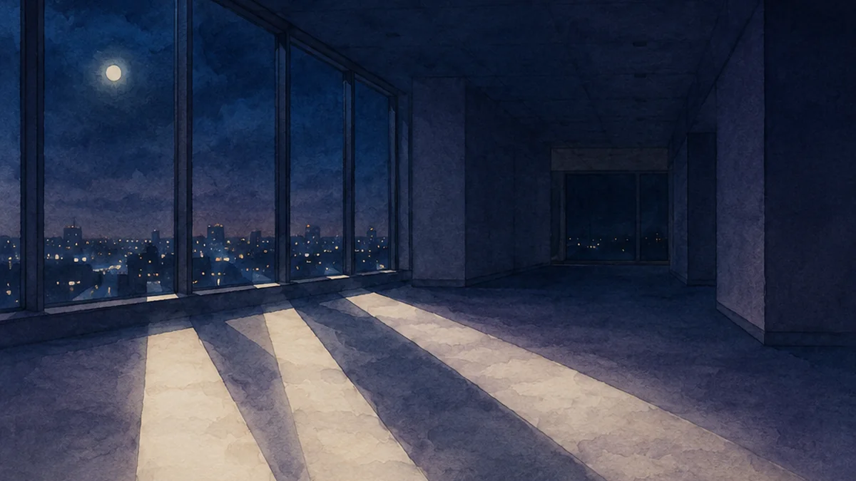 夜のオフィス通路の床に伸びる三本の光の帯