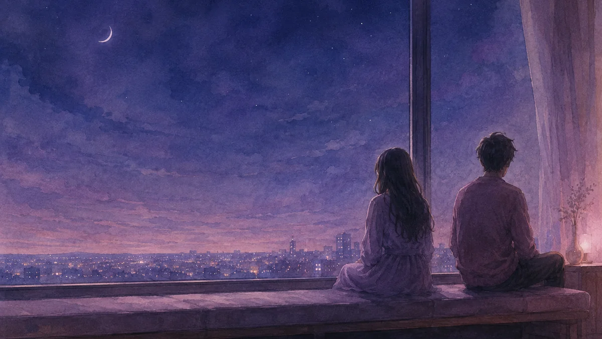 夜の窓辺、間を空けて座る二人の後ろ姿