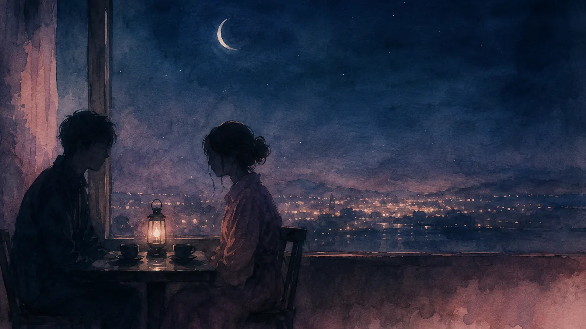 夜のカフェの窓辺、机を挟んで話す二人の影