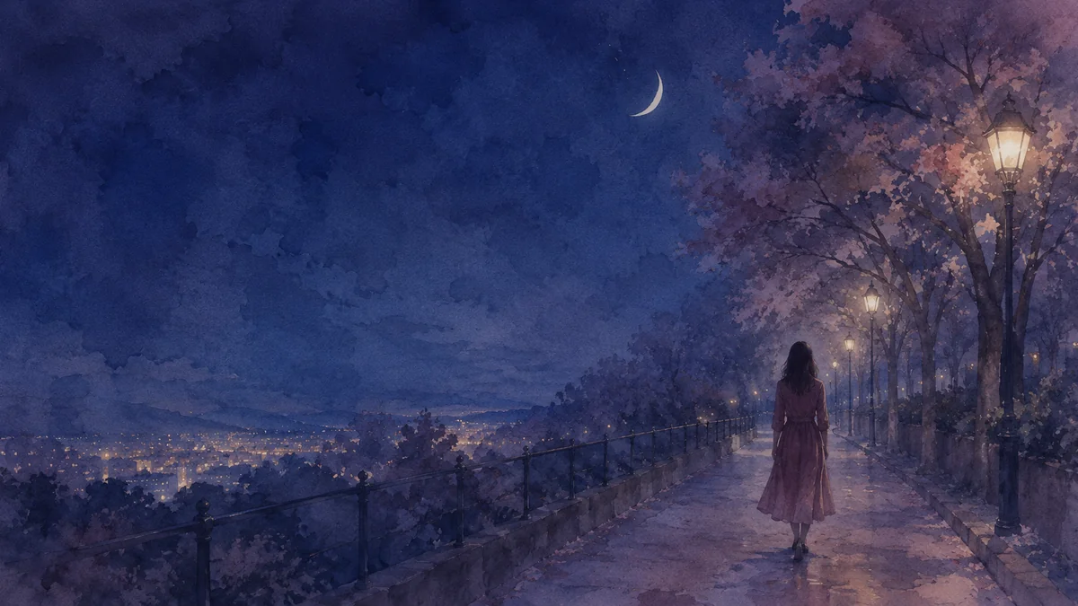 夜道を奥へ歩いていく一人の後ろ姿