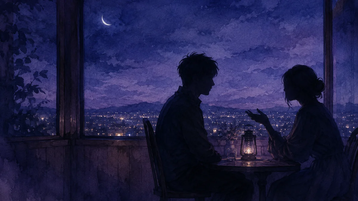 夜の窓辺、机を挟んで向かい合う二人の影