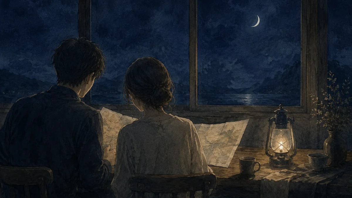 夜の机で一枚の地図を並んで見る二人の背中
