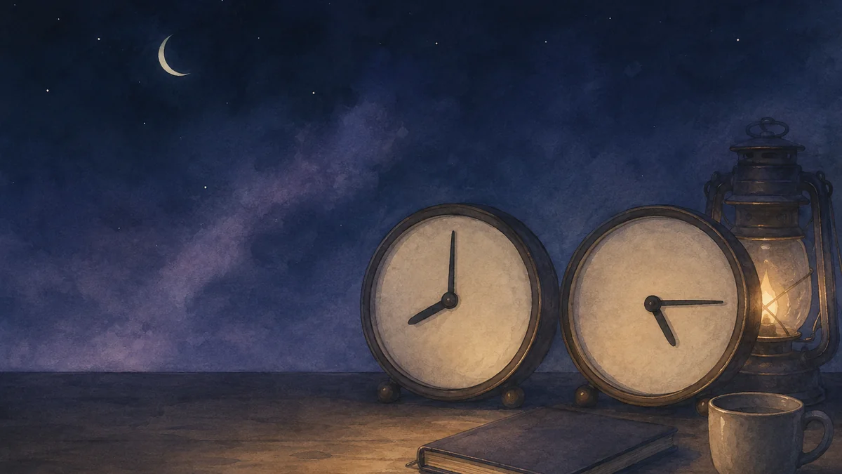 夜の机に並ぶ、別の時刻を指す二つの時計