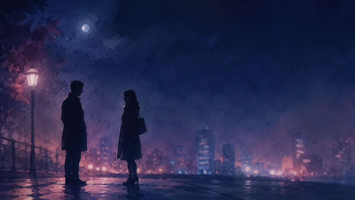 夜のオフィス街で少し離れて立ち止まる二人の影