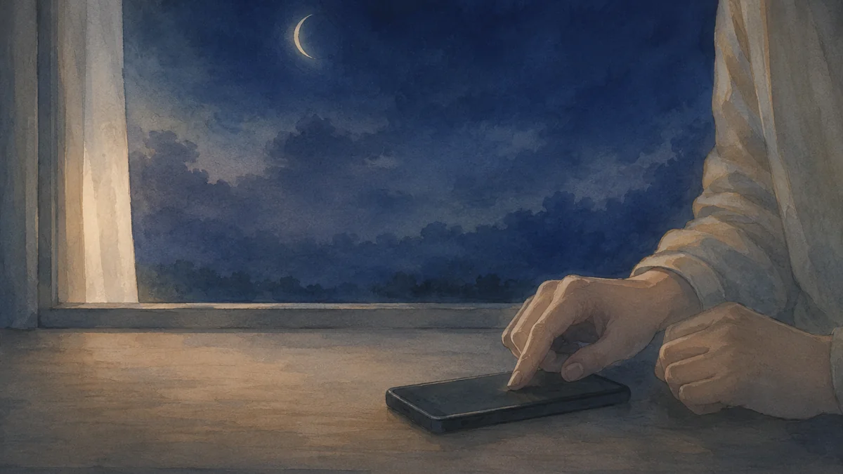 夜の机で伏せたスマートフォンに触れる手元