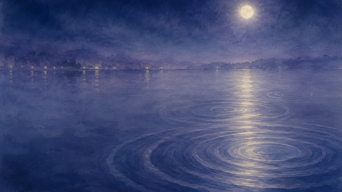 夜の湖面に間をあけて広がる波紋と月の光