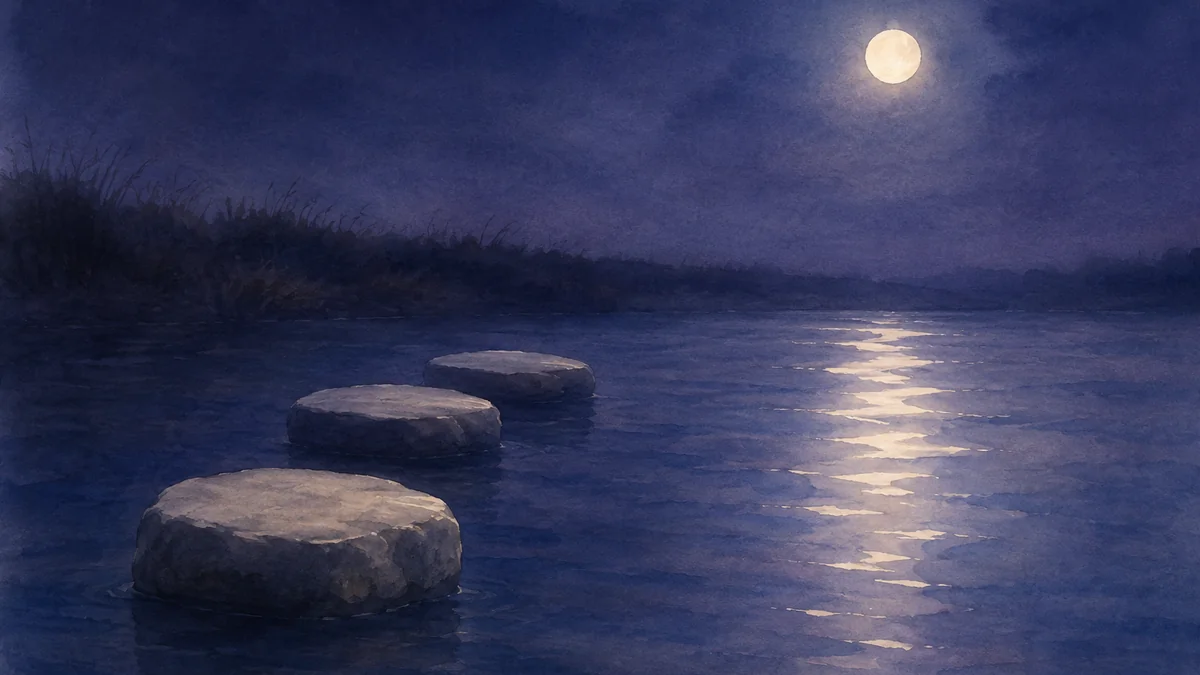夜の水辺に間をあけて並ぶ三つの飛び石