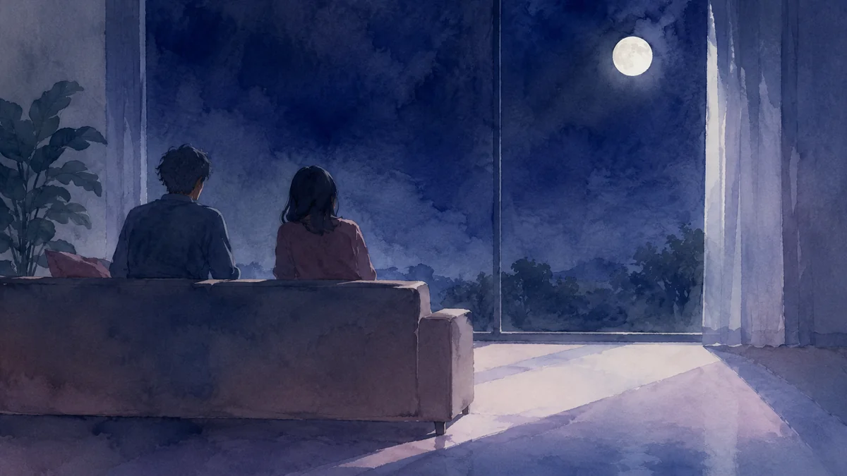夜の部屋のソファに少し離れて座る二人の後ろ姿