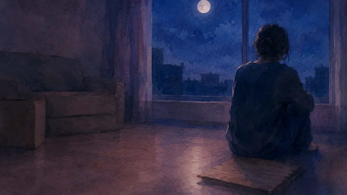 夜の片付け途中の部屋に一人で座る後ろ姿