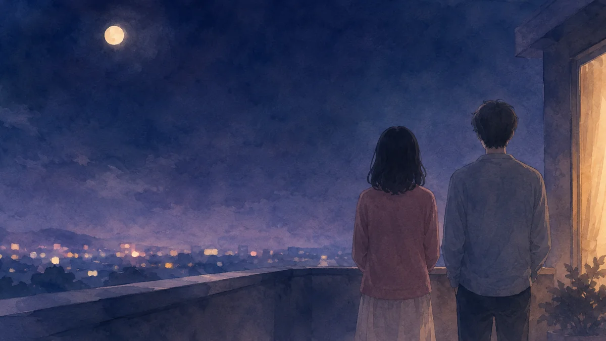 夜のベランダで並んで夜空を見る二人の後ろ姿