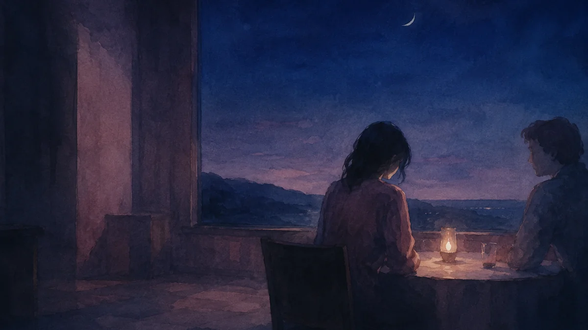 夜のテーブルで向かい合い、体をわずかに引く二人