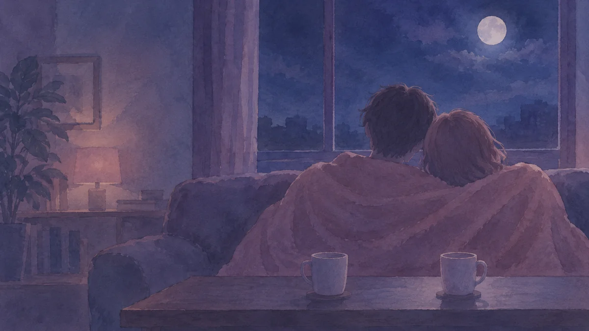 夜の部屋のソファに毛布をかけて並ぶ二人の後ろ姿