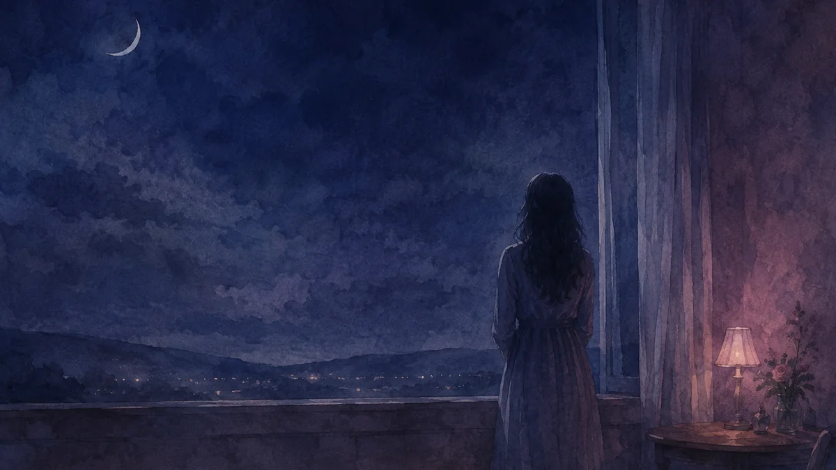 夜の窓辺に一人で立ち、外を見ている人の後ろ姿