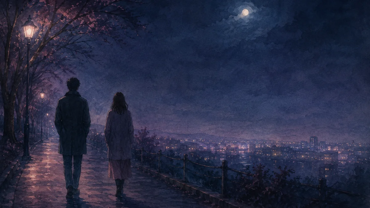 夜の並木道を、少し離れて同じ方向へ歩く二人の後ろ姿